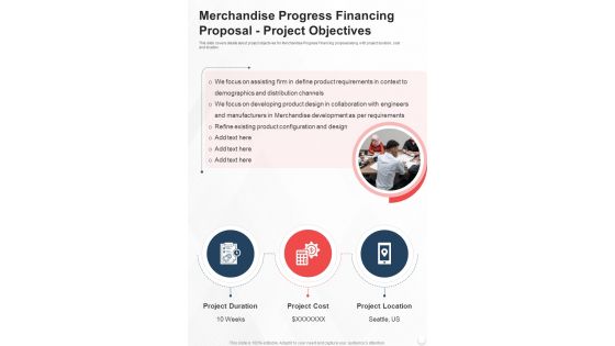 Merchandise Progress Financing Proposal Project Objectives One Pager Sample Example Document