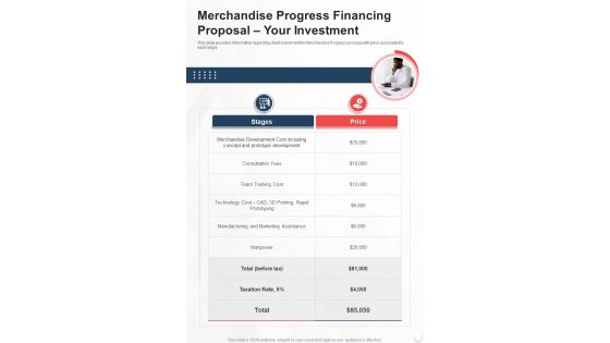 Merchandise Progress Financing Proposal Your Investment One Pager Sample Example Document