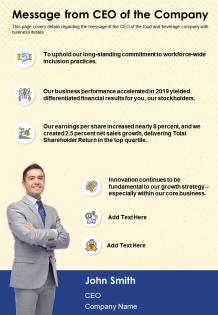 Message from ceo of the company presentation report infographic ppt pdf document