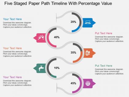 Mh five staged paper path timeline with percentage value flat powerpoint design