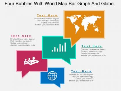 Mi four bubbles with world map bar graph and globe flat powerpoint design