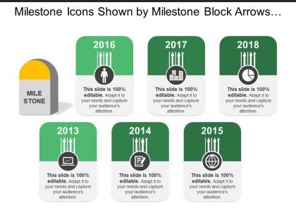 Milestone icons shown by milestone block arrows globe pie chart human image