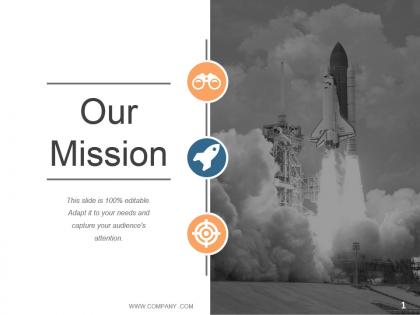Mission slide with icons and rocket ship image ppt slides