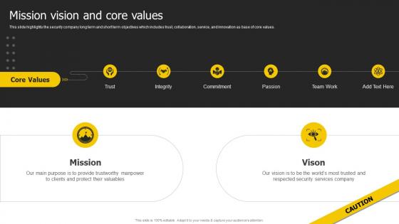 Mission Vision And Core Values Security Services Business Profile Ppt Icons