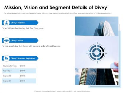 Mission vision and segment details of divvy pitch deck ppt icon skills