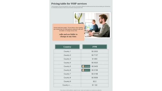 Mobile Voip Solution Development Pricing Table For Voip Services One Pager Sample Example Document