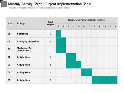 Monthly activity target project implementation table