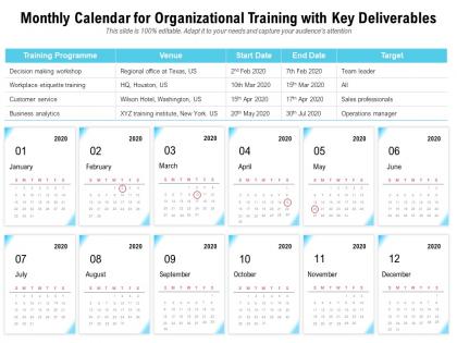 Monthly calendar for organizational training with key deliverables