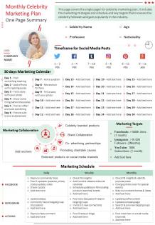 Monthly celebrity marketing plan one page summary presentation report infographic ppt pdf document