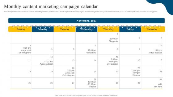 Monthly Content Marketing Campaign Calendar Social Media Marketing Campaign MKT SS V