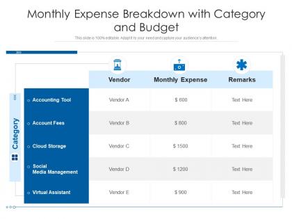 Monthly expense breakdown with category and budget