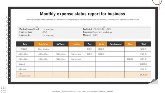 Monthly Expense Status Report For Business