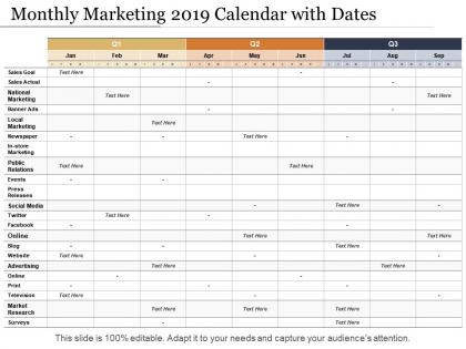 Monthly marketing 2019 calendar with dates