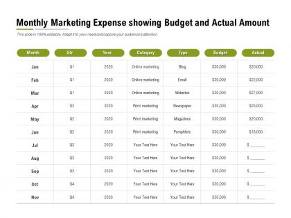 Monthly marketing expense showing budget and actual amount