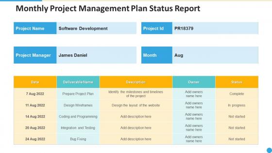 Monthly project management plan status report
