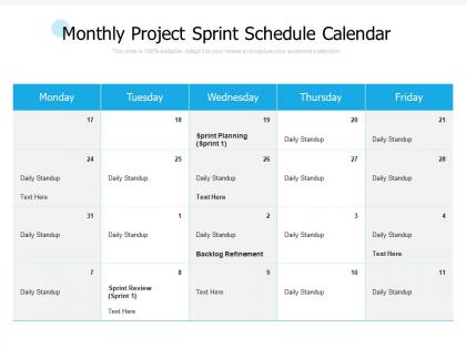 Monthly project sprint schedule calendar