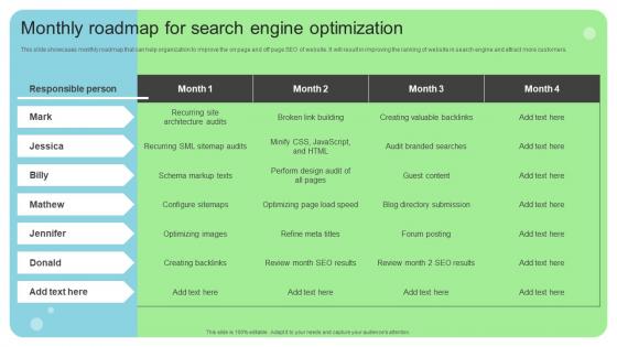 Monthly Roadmap For Search Engine Optimization Online And Offline Brand Marketing Strategy