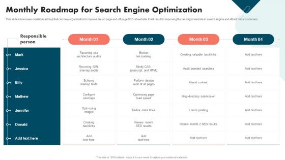 Monthly Roadmap For Search Engine Optimization Strategies To Improve Brand And Capture Market Share