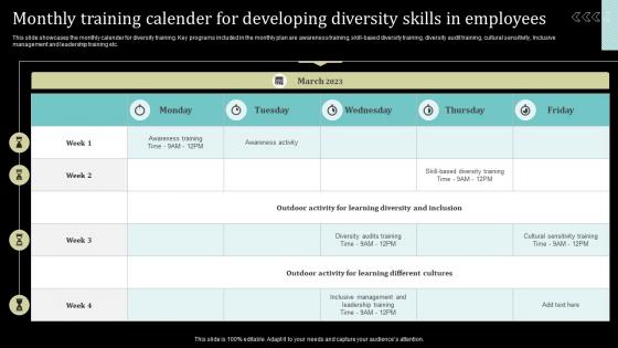 Monthly Training Calender For Developing Diversity Skills In Employees