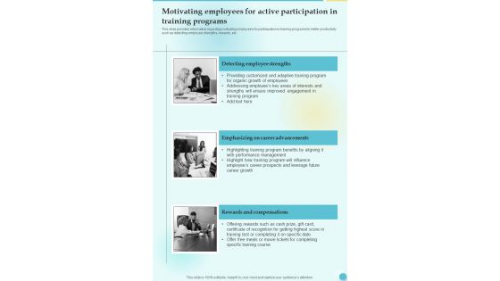 Motivating Employees For Active Training Playbook Template One Pager Sample Example Document