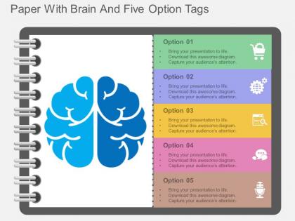 Mq paper with brain and five option tags flat powerpoint design