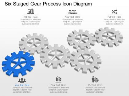 Mq six staged gear process icon diagram powerpoint template slide