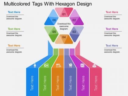 Multicolored tags with hexagon design flat powerpoint design