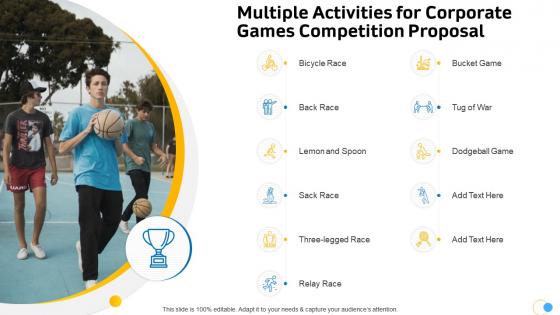 Multiple activities for corporate games competition proposal ppt slides icon