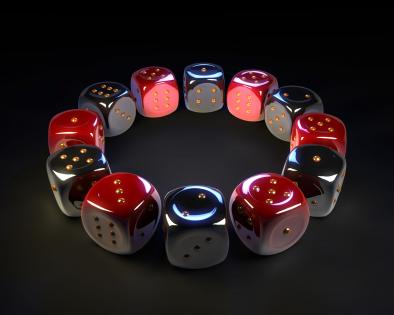 Multiple dices in circle showing team stock photo