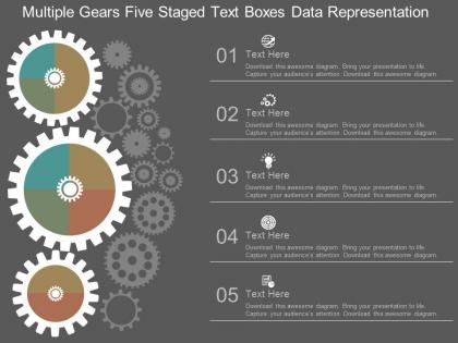 Multiple gears five staged text boxes data representation flat powerpoint design