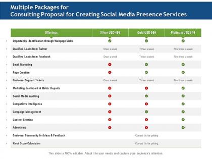 Multiple packages for consulting proposal for creating social media presence services ppt ideas