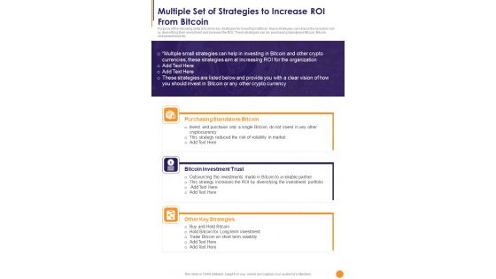Multiple Set Of Strategies To Increase Roi From Bitcoin One Pager Sample Example Document