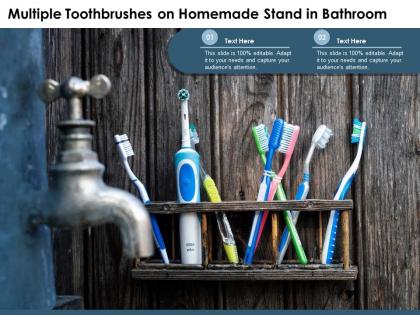 Multiple toothbrushes on homemade stand in bathroom
