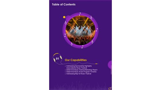 Musical Event Funding Table Of Contents Marketing One Pager Sample Example Document
