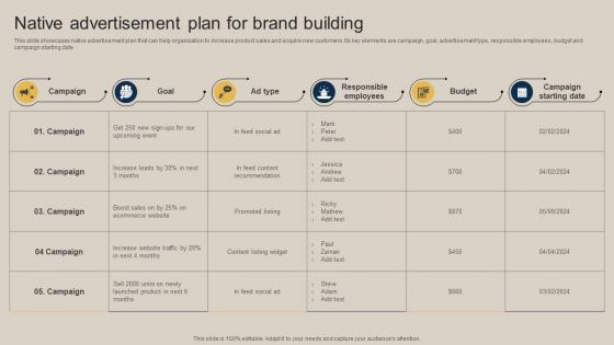 Native Advertisement Plan For Brand Building Pushing Marketing Message MKT SS V