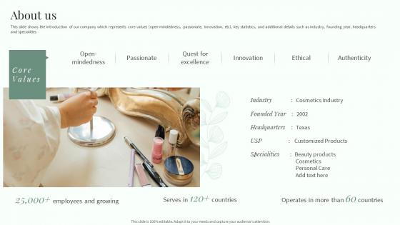 Natural Beautifying Products Company Profile About Us Ppt Slides Layout