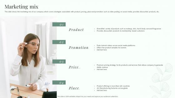 Natural Beautifying Products Company Profile Marketing Mix Ppt Slides Deck