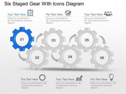 Nd six staged gear with icons diagram powerpoint template slide