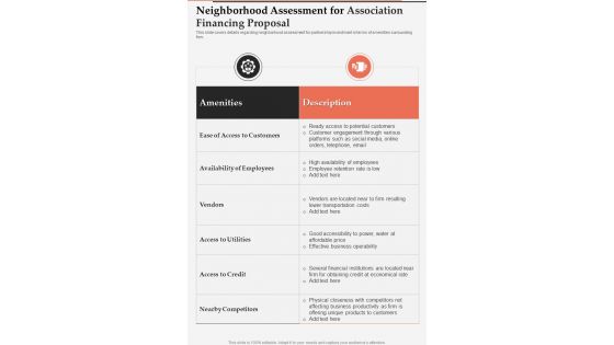 Neighborhood Assessment For Association Financing Proposal One Pager Sample Example Document