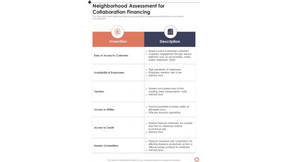Neighborhood Assessment For Collaboration Financing One Pager Sample Example Document