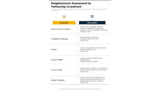 Neighborhood Assessment For Partnership Investment One Pager Sample Example Document