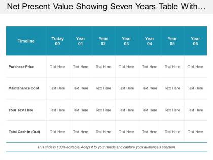 Net present value showing seven years table with purchase price maintenance cost