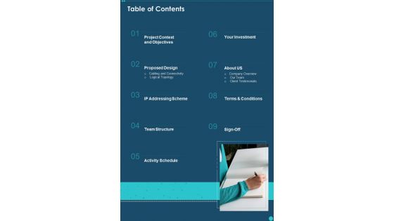 Network Design Table Of Contents One Pager Sample Example Document