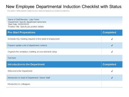New employee departmental induction checklist with status