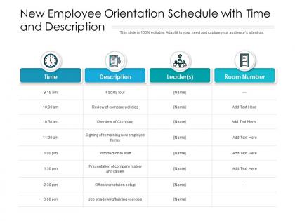 New employee orientation schedule with time and description