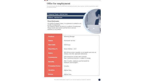 New Job Description Proposal Offer For Employment One Pager Sample Example Document