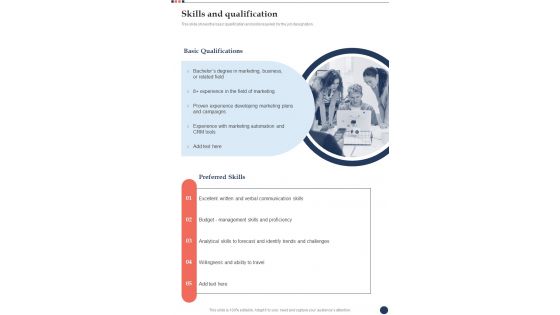 New Job Description Proposal Skills And Qualification One Pager Sample Example Document