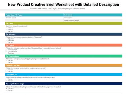 New product creative brief worksheet with detailed description