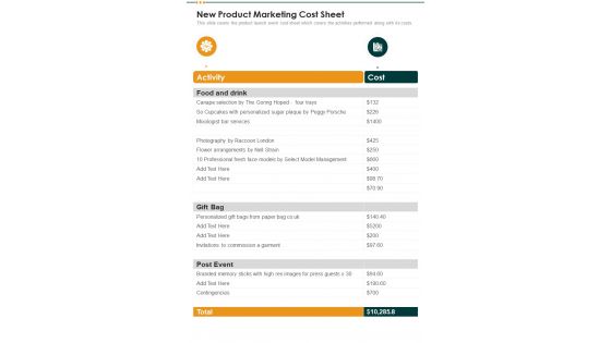 New Product Marketing Cost Sheet One Pager Sample Example Document