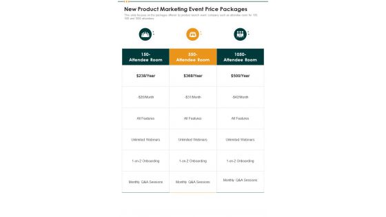 New Product Marketing Event Price Packages One Pager Sample Example Document